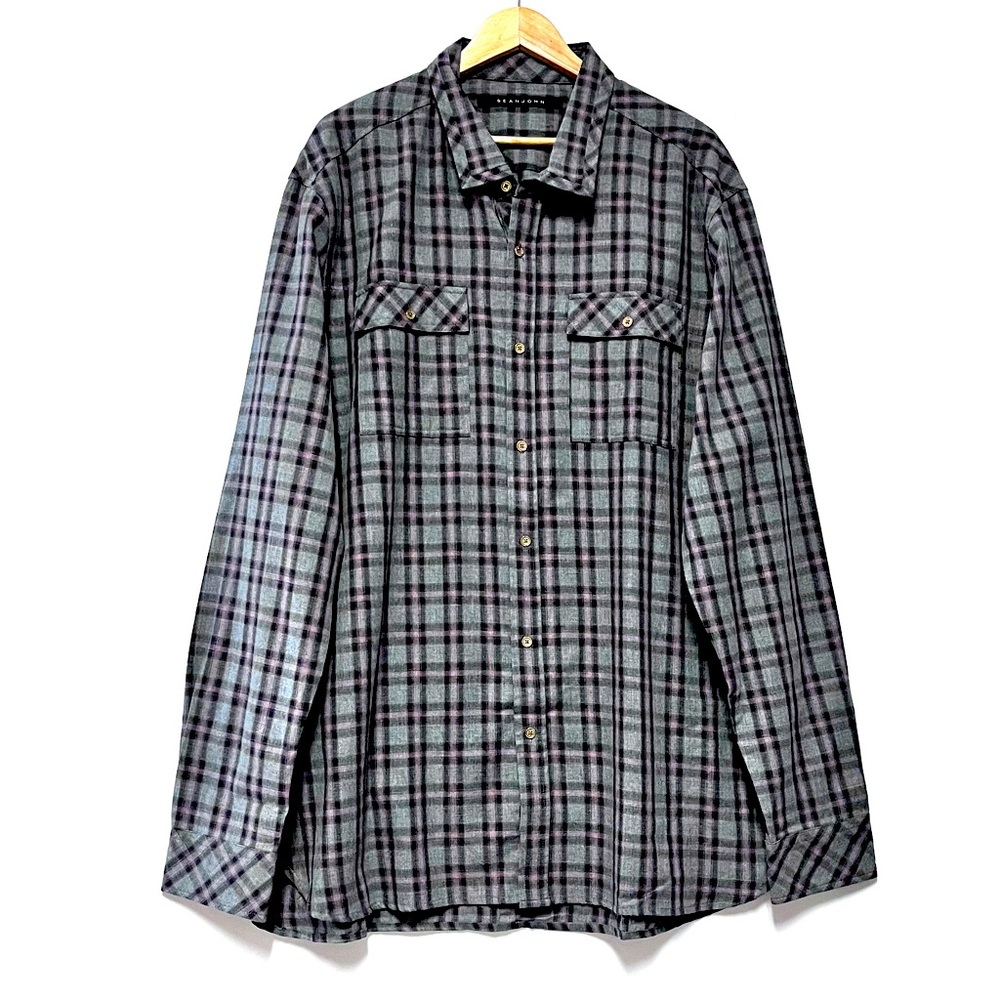 Sean John Mens Plaid Shirt Button Front Gray Pink Size 4XL NWT Academic Preppy